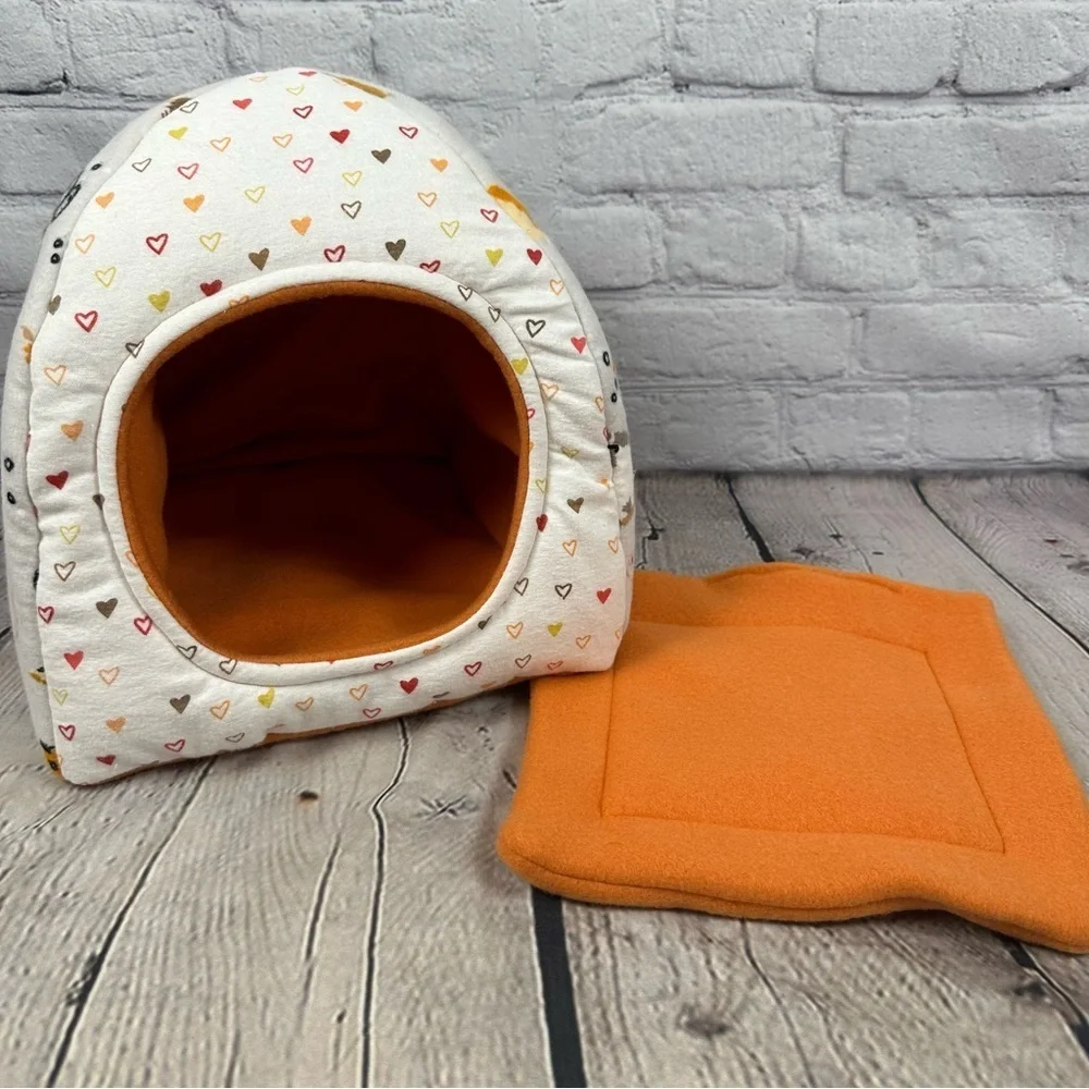 Guinea Pig Handmade Hut Bed Soft Flannel Fleece Hearts Bearded Dragon Rust Cream